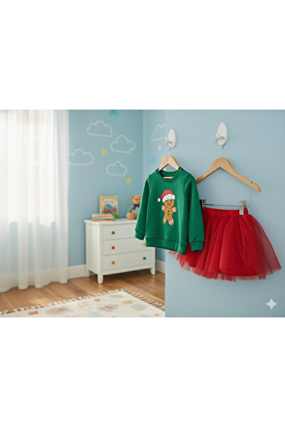 Nimini Kids New Year's Cookie Man Printed Green Sweatshirt Red Tutu Skirt Girl's Set (2-6 Years Old)