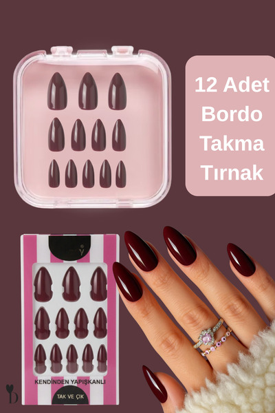 Dami Beauty 12 Adet Kendinden Yapışkanlı Vişne Çürüğü Parlak Takma Tırnak - T...
