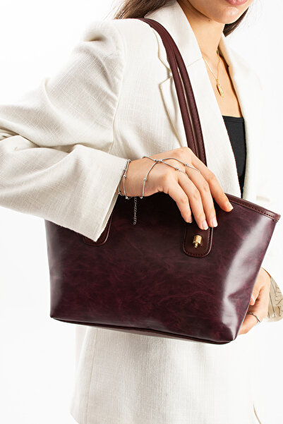 torime Vegan Leather Large Size Lined Burgundy Women's Shoulder and Shoulder Bag with Inside Pocket