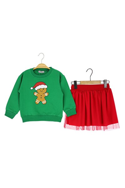 Nimini Kids New Year's Cookie Man Printed Green Sweatshirt Red Tutu Skirt Girl's Set (2-6 Years Old)