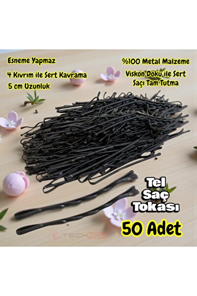 Technow Siyah %100 Metal Esnemez Dayanıklı Kadın Saç Tel Tokası 50 Adet