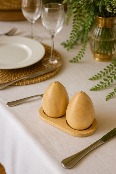 HBS Art Design طقم ملح وفلفل خشبي من الخيزران مع حامل