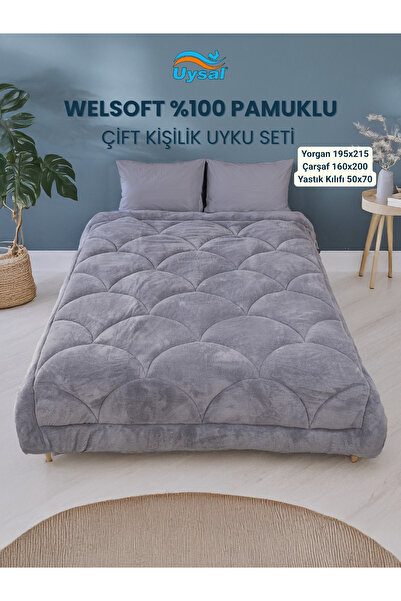 UYSAL WELSOFT AKFİL MİDYE DESEN ÇİFT KİŞİLİK UYKU SETİ ANTRASİT 195x215
