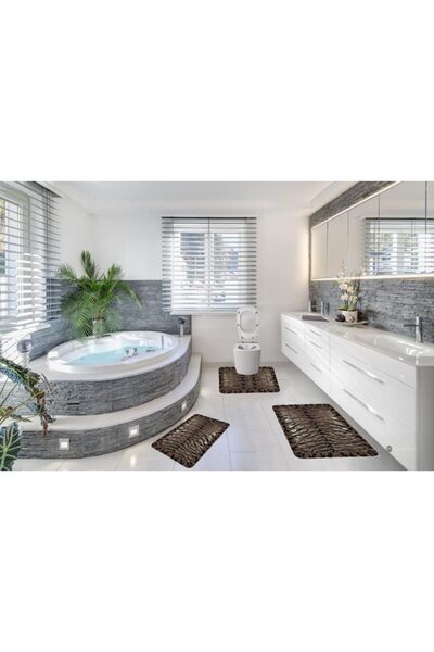 SokShop Set of 3 Bath Rugs, ZUBI HOME, 60 x 90, 60 x 45, 40 x 60, Anti-slip, Animal Print, Brown