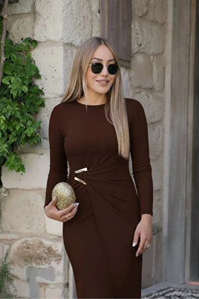 By Sevilen Collection Women's Long Sleeve Front Cross Detailed Side Buckle Detailed Long Sandy Dress