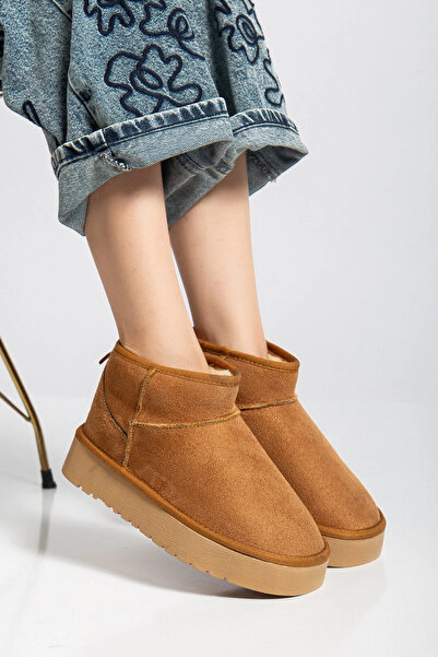 Genetti Nordia Women's Tan Suede Short Winter Boots with Fur Inside, Non-Slip Sole, Soft Lining, Daily Comfortable Design