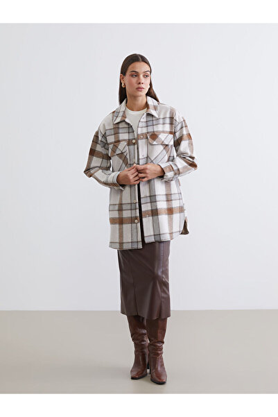 LC Waikiki Καφέ καρό oversized Γυναικείο πουκάμισο τουνίκ