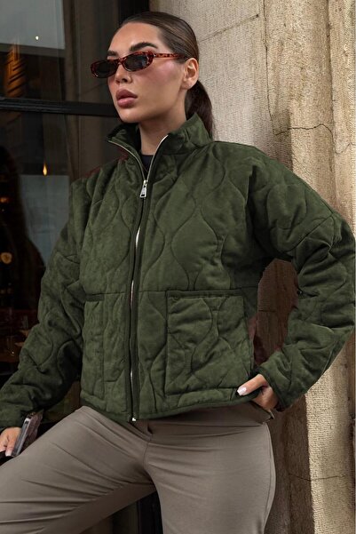 Madmext Khaki Mock Neck Quilted Women's Coat Mg2568