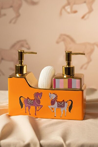 ALBETTO Premium Porselen Horse 2 Hazneli Sıvı Sabunluk, Süngerlik Bölmeli 47128