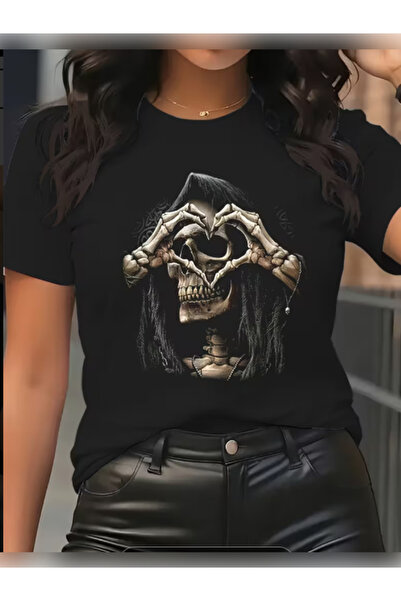 TİMİSİVA Unisex Oversize KURUKAFAKALP Baskılı Bisiklet Yaka Kısa Kollu SİYAH T-shirt