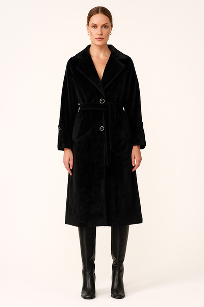 sd butique Tay Tüyü Kaban - Peluş Kaban - Taş Detaylı Düğmeli, Kuşaklı, Şık U...