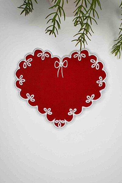 decofav Heart Shape White Embroidered Red Fabric White Embroidered Cocktail Napkin 1 Piece