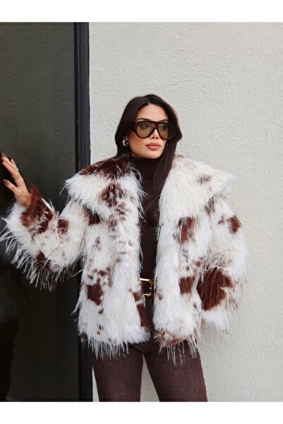 BRTC design Women's Ecru Brown Patterned Premium Fur Jacket