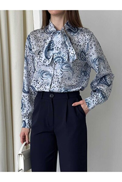 Milamia Kadın Fiyonklu Dijital Baskı Desenli Saten Gömlek