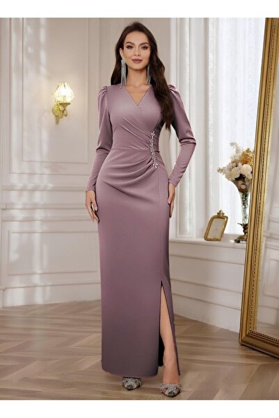 REKA MODA Women's Long Sleeve Double-Breasted Collar Side Stones Slit Long Imported Crepe Dress