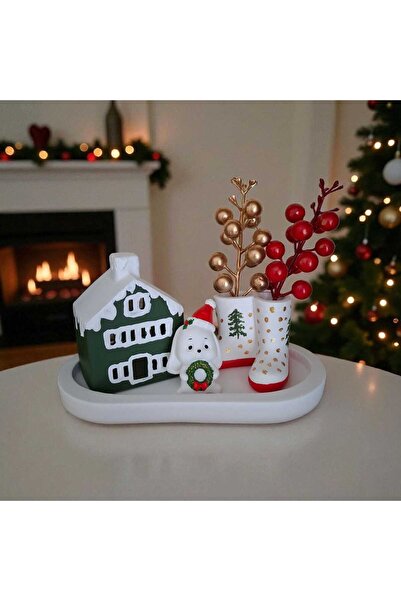 Dekorasyon Bahçesi Yılbaşı Köyü Dekor Seti – Taş Tozu El Boyaması Ev, Çizme ve Köpek Figürlü Yeni Yıl Süsü