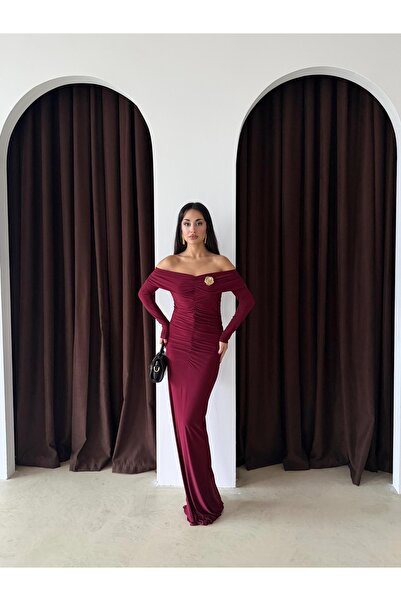 maf collection Women's Madonna Collar Burgundy Neckline Accessory Detail Long Sleeve Evening Dress Graduation Dress