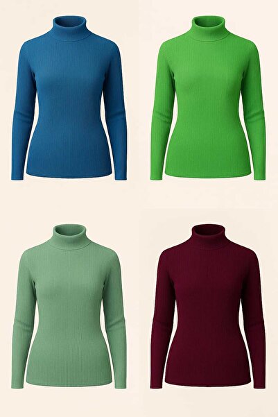 ANATOLIATEKSTILE Set 4 bucati maletă damă ribbed, MARIME UNICA (S-L), guler scurt, slim fit