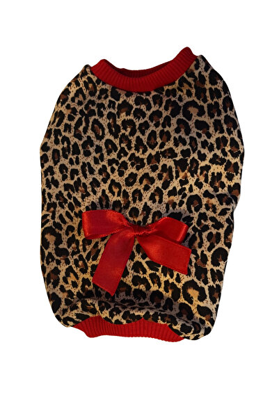 For a Fur Leopar Desenli Kedi Köpek Tişörtü Kırmızı Fiyonklu Kırmızı Ribana Detaylı