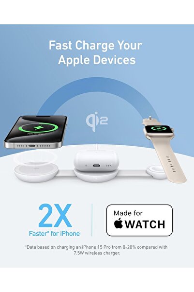 Anker شاحن السفر اللاسلكي القابل للطي MagGo 3 في 1 MagSafe Qi2 بقوة 15 وات (أسود)