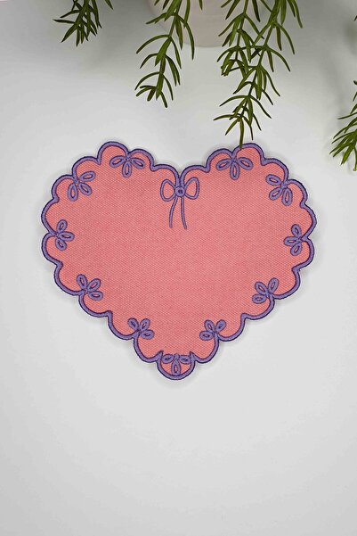 decofav Heart Shape Salmon Color Fabric Lilac Embroidered Fabric Cocktail Napkin 1 Piece