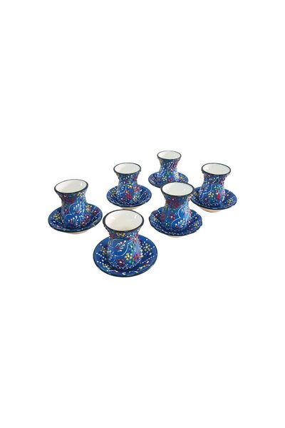 EHA Handmade ceramic tea set, 6 glasses, EHA, navy blue with multicolored flowers in relief