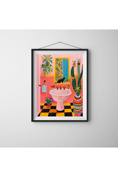 Colorful Bathroom – Tablo Ölçülerinde Çerçevesiz Poster – Renkli Banyo ve Siyah Kedi Tablosu