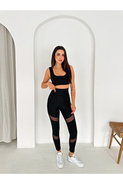 bobitex بنطلون رياضي مرن عالي الخصر بتفاصيل من التول الأسود