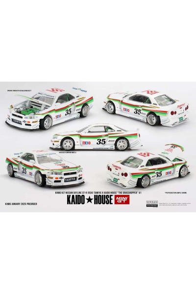 mini gt Nissan Skyline GT-R (R34) x Tamiya "The Grasshopper" V1 1:64