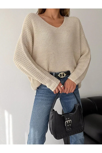 EmcyFiora سترة تريكو نسائية قصة فضفاضة سيلانيك محبوكة بياقة على شكل حرف V (Em...