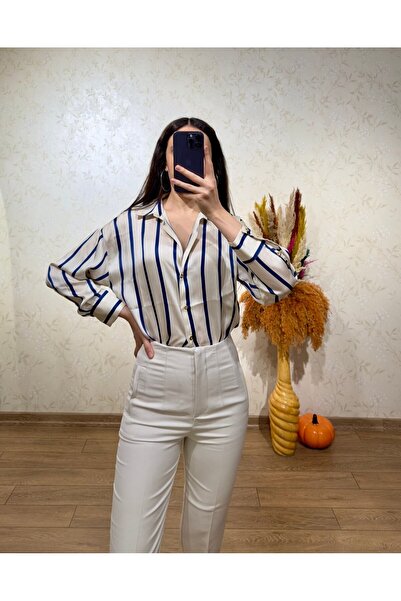 sunademirelfashion Navy Blue Striped Satin Shirt Ecru