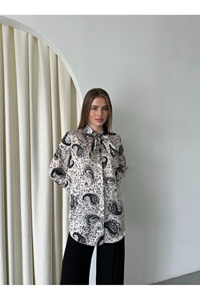 Milamia Women's Bow Digital Print Patterned Satin Shirt