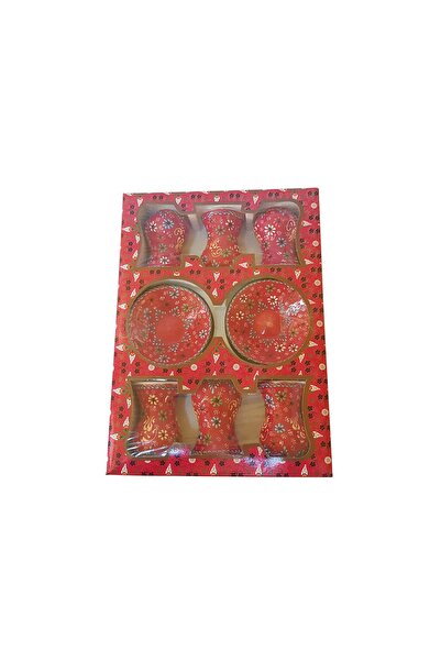 EHA Handmade ceramic tea set, 6 glasses, EHA, red/black with embossed flowers