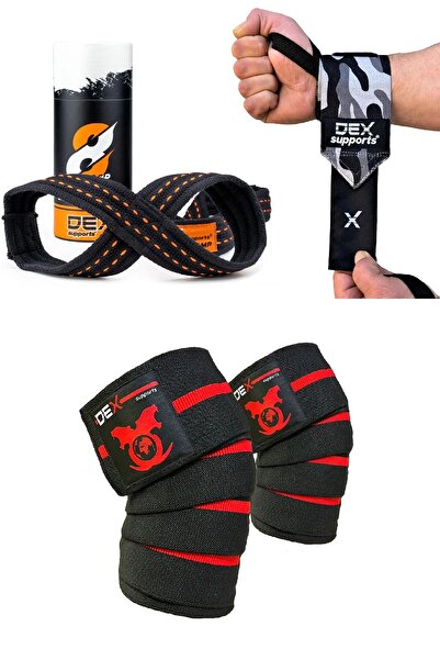 Dex Supports Sports Wristband Dark Wrist Wraps, 8 Loop Lifting Straps, Fitness Knee Pad Knee Wraps Elite Set of 3