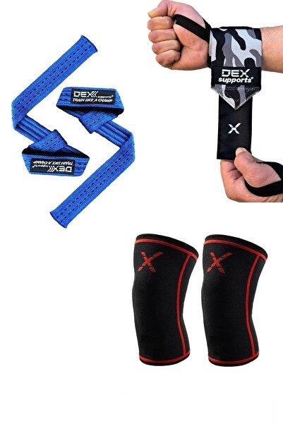 Dex Supports Sports Knee Sleeve, Sports Wristband Dark Wrist Wraps, Lifting Straps Pro Blue Set of 3