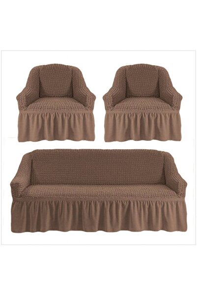 Sale4u Elastic Slipcover Set - 3-Seater Sofa + 2 Armchairs, Crepe, Latte Coffee