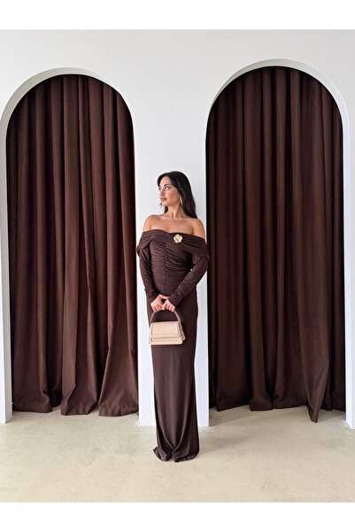 mafdress Women's Brown Accessory Detail Madonna Collar Long Evening Dress