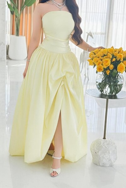 Nice Model Pastel Yellow Strapless Ball Gown Evening Dress Formal Prom Wedding Guest Maxi Ruched Bodice Satin