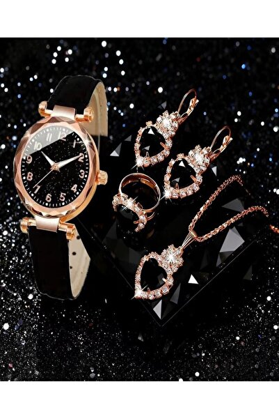 KANERUZ 5Pcs Women's Elegant Quartz Wristwatch Zircon Stone Black Heart Neckl...