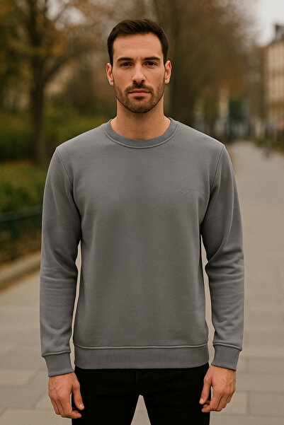 Maccali Men's Crew Neck Trend Long Sleeve Long Anthracite Sweater