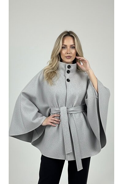 şuranur Stand-Up Collar Belt Detail Premium Poncho Coat