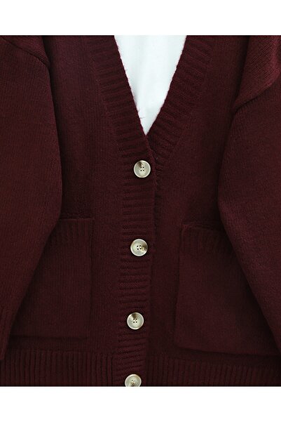 Modamorfo Buttoned Double Pocket Casual Knit Cardigan - Burgundy