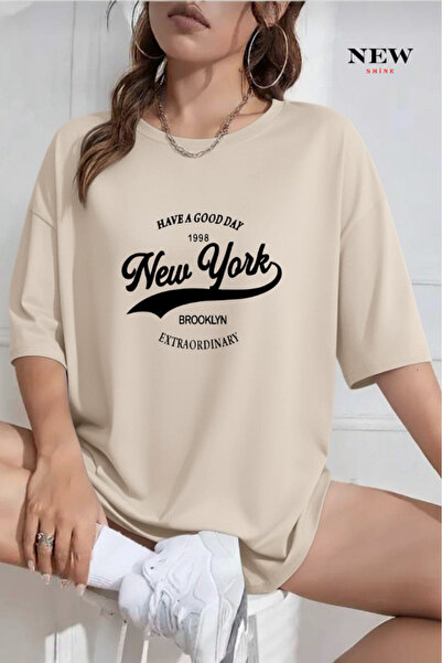 New Shine تي شيرت كبير الحجم مطبوع عليه نيويورك بروكلين