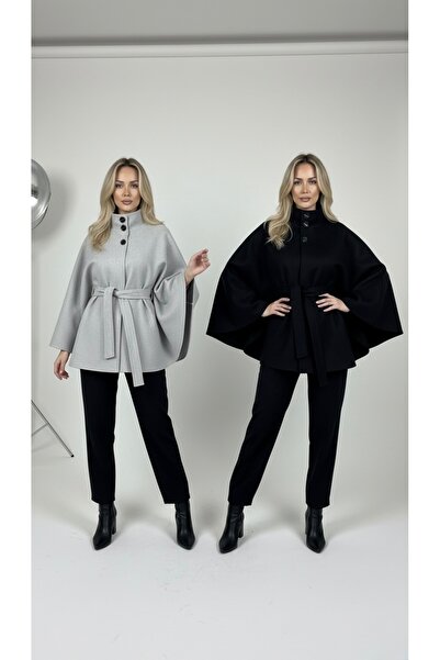 şuranur Stand-Up Collar Belt Detail Premium Poncho Coat