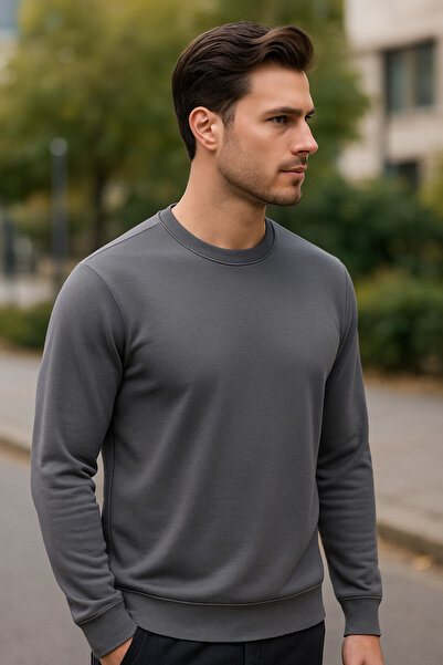 Maccali Men's Crew Neck Trend Long Sleeve Long Anthracite Sweater