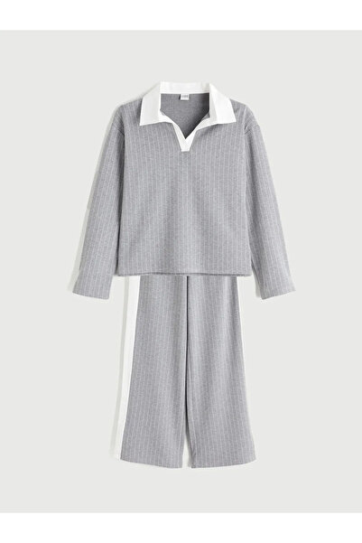 LC Waikiki Lcw Kids Gray Polo Neck Striped Girls' Sweatshirt and Leggings