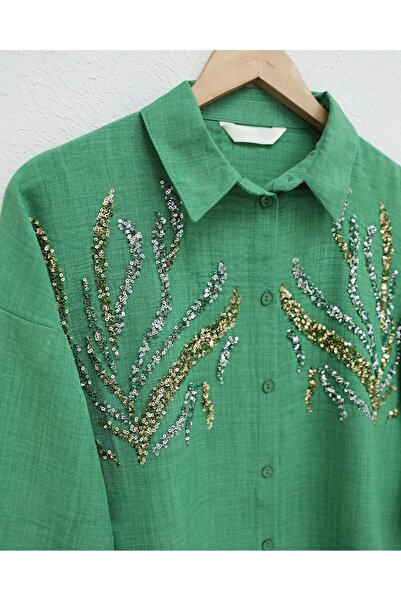 Modamorfo Dlouhá košile s flitry na přední straně - Orman Yş.