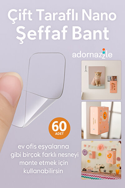 adornazzle Çift Taraflı Nano Şeffaf Bant, Çift Taraflı Şeffaf Bant, Montaj Ba...