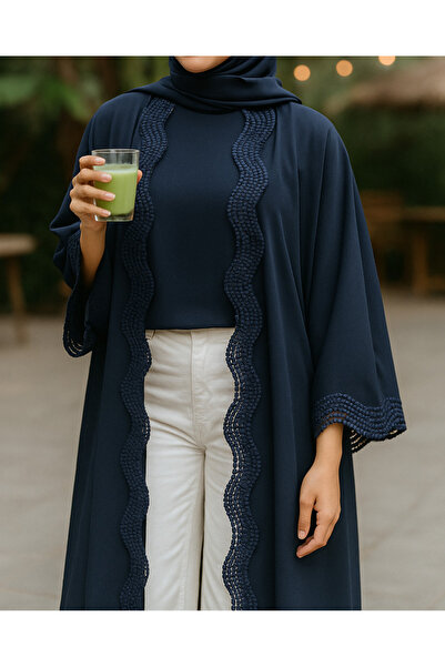 MayaCloset Premium Long Blue Nidah Cap Ferace Abaya with Elegant Lace Trim