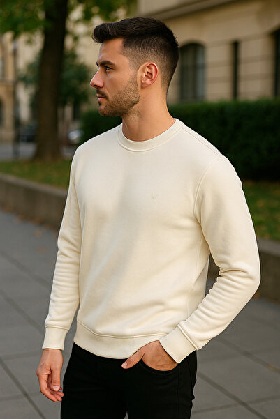 Maccali Men's Crew Neck Trend Long Sleeve Long White Sweater